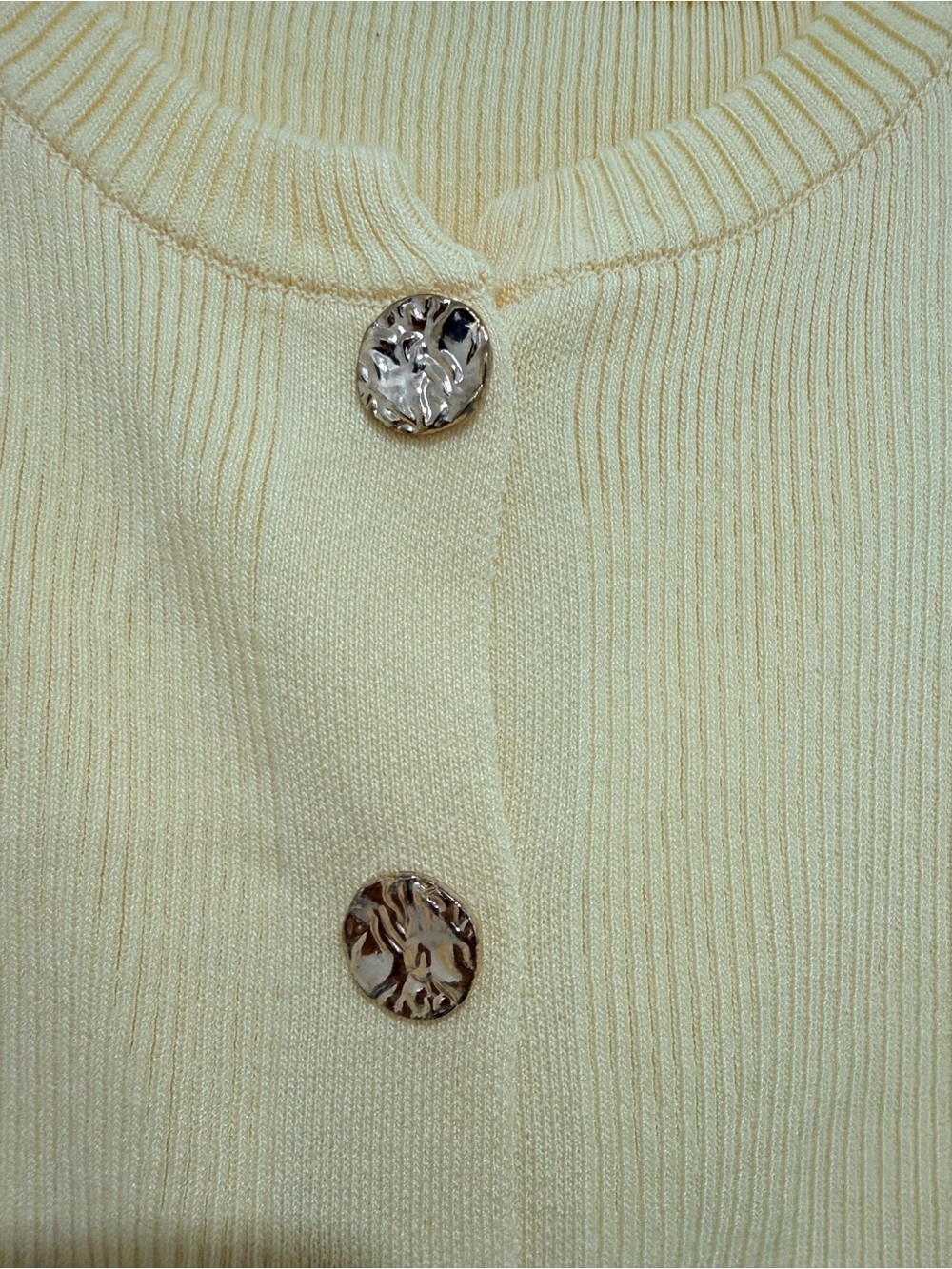 Yellow Short-Sleeve Ribbed Button Cardigan with White Ruffle Trim - Picture 2 of 3